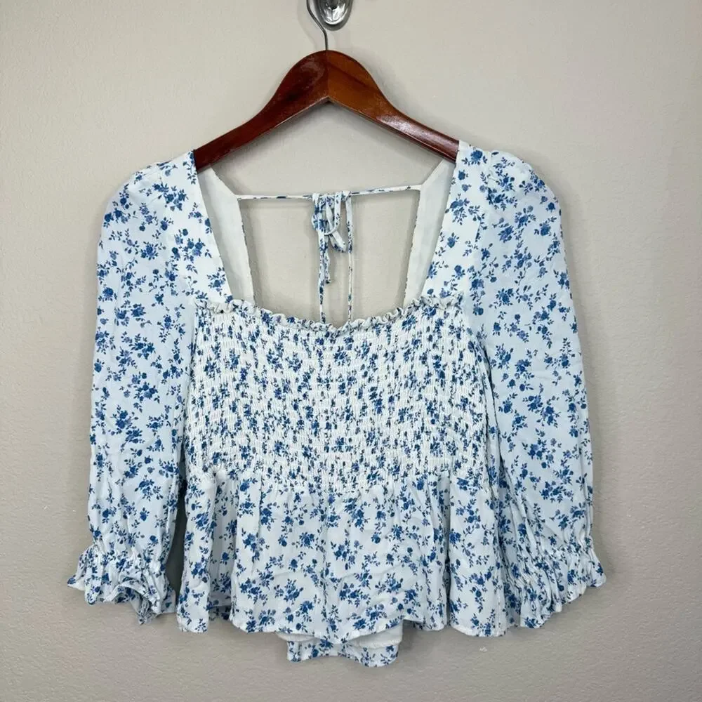 REFORMATION Braelyn Top Blue White Smocked Floral Pull On Spring Women’s Sz L